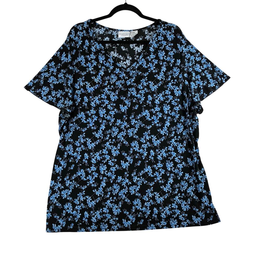 Jaclyn Smith Long Tunic Blouse Womens 2X Blue Ditsy Floral Cinch Bust Feminine